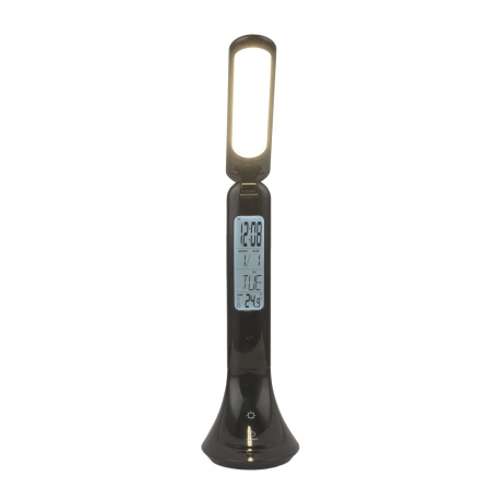 Nabíjateľná stolová lampa, plast, čierna, hodiny, kalendár, budík, s adaptérom, zapnutie dotykom, do 10