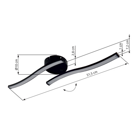 Stropné svietidlo, plast čierny/biely, otočné, DxŠxV: 515x100x72mm, LED 12W 230V, zdroj 1450lm, výst 10