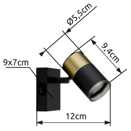 Nástenné svietidlo, kov čierny, hliník medený a čierny, plast dymový, kolískový vypínač, ŠxV: 70x90m 16