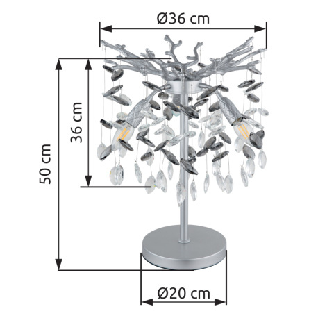 Stolové svietidlo, kov strieborná matná, sklenené krištále dymové, číre, kábel PVC, kolískový vypína 12