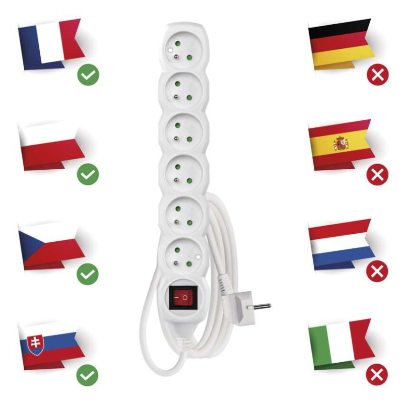 Predlžovací kábel 3 m / 6 zásuviek / s vypínačom / biely / PVC / 1 mm2 1