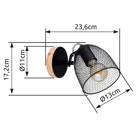 Nástenné svietidlo, drevo hnedé a čierne, kov čierny, mriežkované kovové tienidlo, ŠxV:130x170, H:24 8