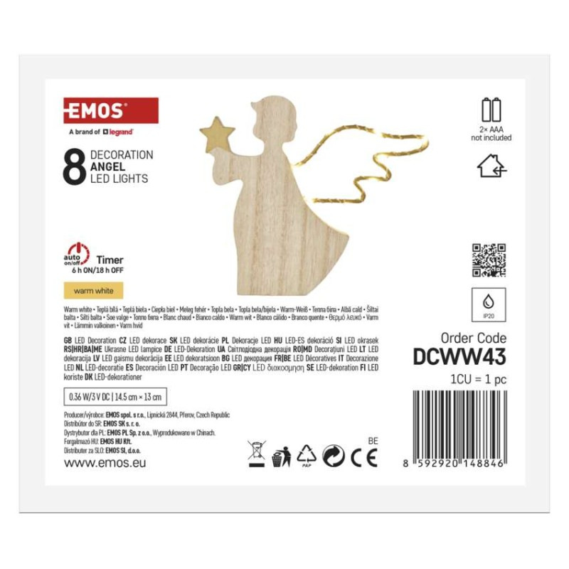 LED dekorácia drevená – anjel, 13 cm, 2x AAA, vnútorný, teplá biela, časovač 8