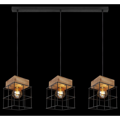 Závesné svietidlo, kov čierny, hnedé drevo, oceľová klietka, textilný kábel čierny, DxŠxV:950x200x12 14