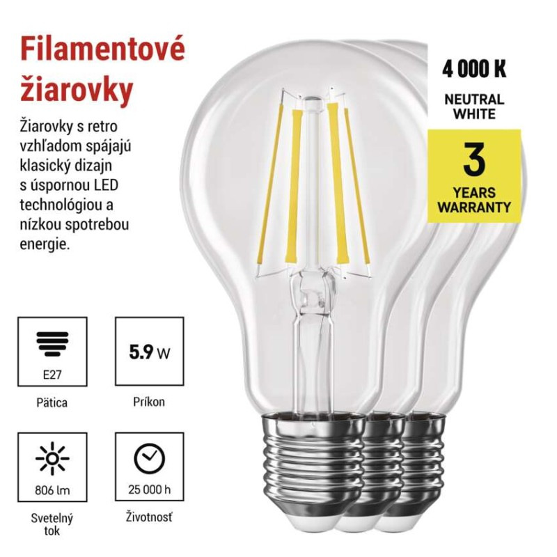 LED žiarovka Filament A60 / E27 / 5,9 W (60 W) / 806 lm / Neutrálna biela 1