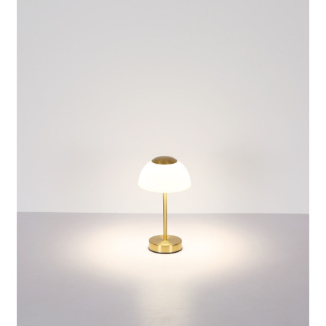 Nabíjateľná stolová lampa, kov mosadz matná, sklo biele, dotykové zapnutie/vypnutie, plynulá regulác 8