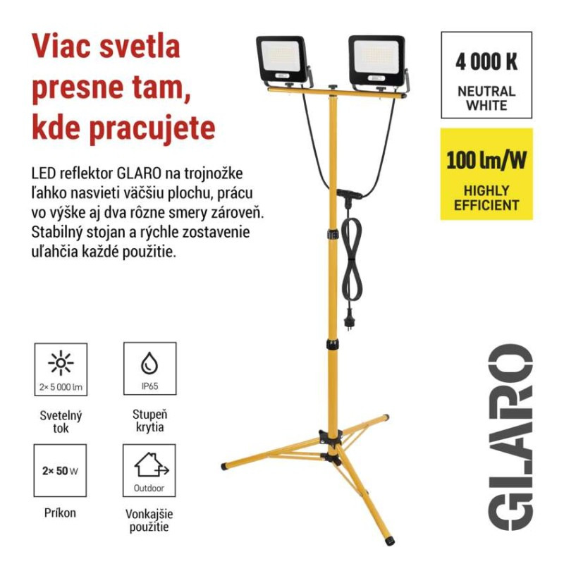 LED reflektor GLARO, 2×50W + trojnožka, neutrálna biela 4