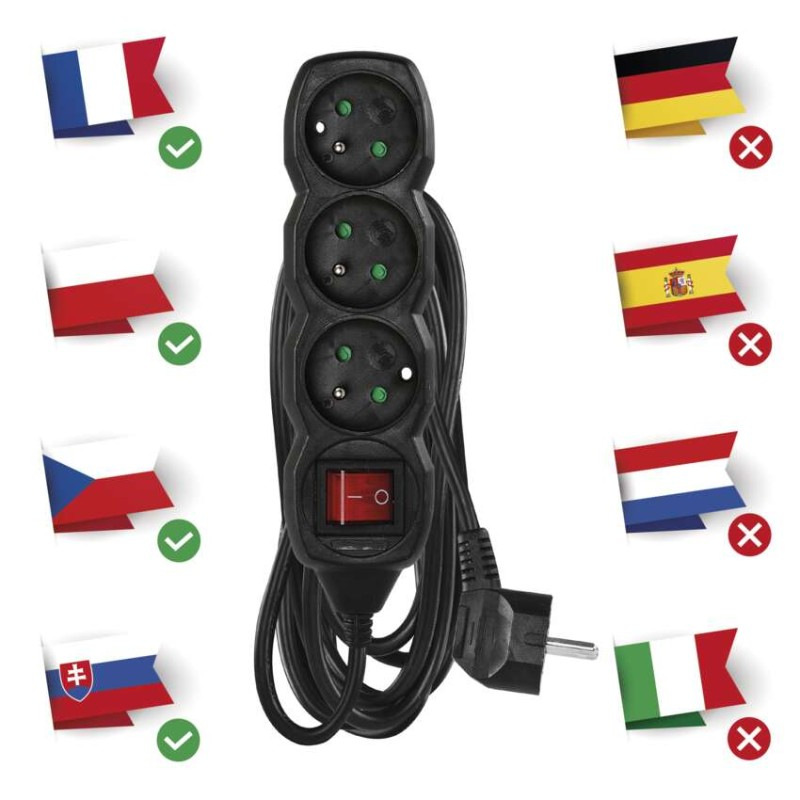 Predlžovací kábel 5 m / 3 zásuvky / s vypínačom / čierny / PVC / 1 mm2 1