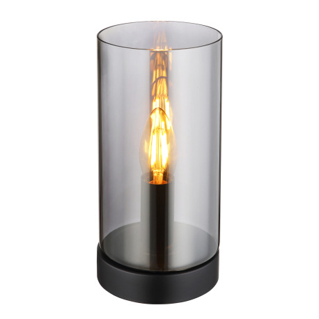 Stolová lampa, kov čierny matný, sklo dymové, kolískový vypínač na kábli, ø:110 mm, V:225 mm, dĺžka