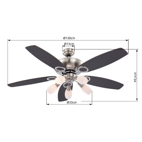 Stropný ventilátor, chróm, nikel matný, biele sklo, MDF buk, MDF grafit, 3 rýchlosti, 2 smery otáčan 6