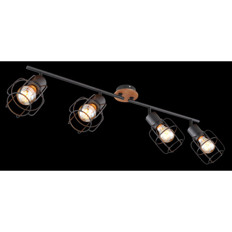 Stropné svietidlo, kov čierny, hnedé drevo, nastaviteľné, DxŠxV:800x110x240, bez žiaroviek 4xE27, ma 2