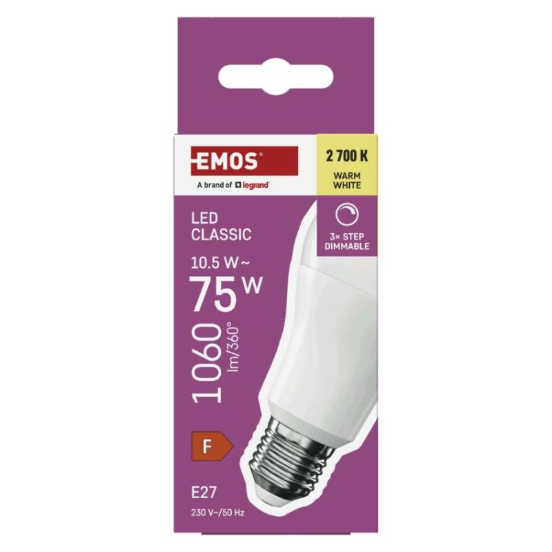 LED žiarovka Classic A60/ E27 / 10,5 W (75 W) / 1 060 lm / teplá b./krokovo stmievateľné 10