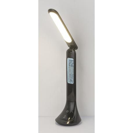 Nabíjateľná stolová lampa, plast, čierna, hodiny, kalendár, budík, s adaptérom, zapnutie dotykom, do 13