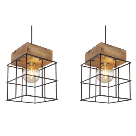 Závesné svietidlo, kov čierny, hnedé drevo, oceľová klietka, textilný kábel čierny, DxŠxV:950x200x12 6