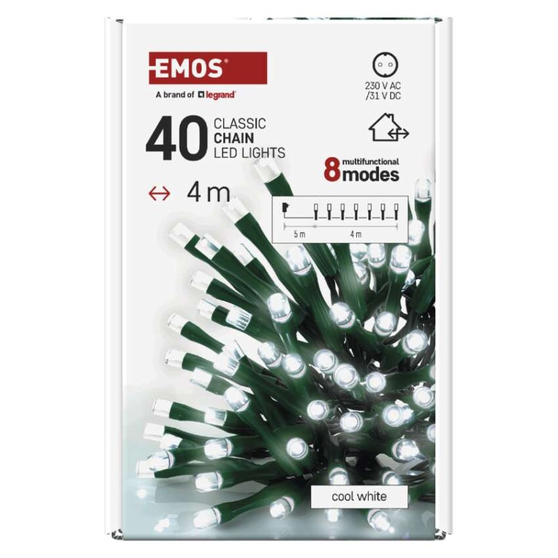 LED vianočná reťaz, 4 m, vonkajšia aj vnútorná, studená biela, programy, časovač 12