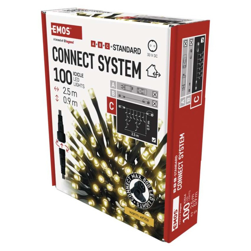 Standard LED spojovacia vianočná reťaz – cencúle, 2,5 m, vonkajšia, teplá biela