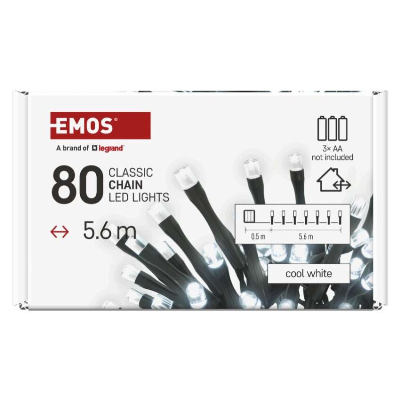 LED vianočná reťaz, 5,6 m, 3x AA, vonkajšia aj vnútorná, studená biela, časovač 6