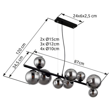 Závesné svietidlo, kov čierny, dymové sklo, sklo Ø 2x15cm, 3x12cm, 4x10cm, vrátane 10676 LED, DxŠxV: 6