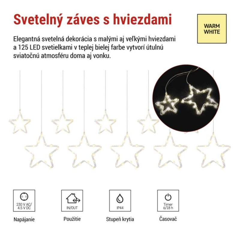Vianočná LED girlanda – hviezdy, 190 x 50 cm, do exteriéru aj interiéru, teplá biela 4