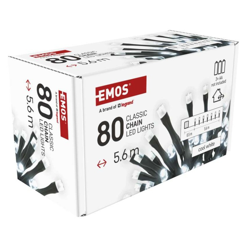 LED vianočná reťaz, 5,6 m, 3x AA, vonkajšia aj vnútorná, studená biela, časovač 8