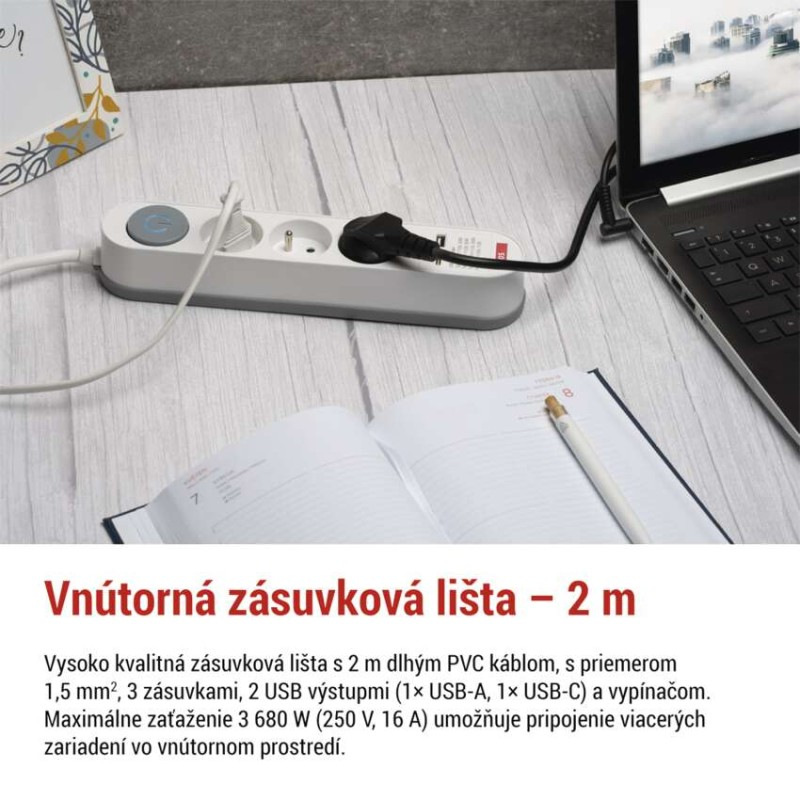 Predlžovací kábel 2 m / 3 zásuvky / s vypínačom / biely / 1×USB-A + 1×USB-C / 1,5 mm2 2