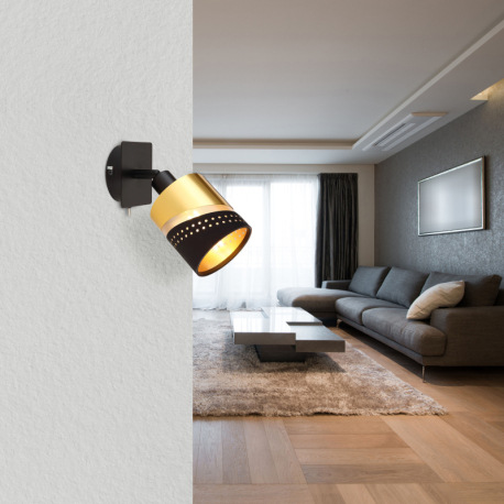 Nástenné svietidlo, kov čierny, textil čierny, plast zlatej farby, kolískový vypínač na výrobku, ŠxV 1