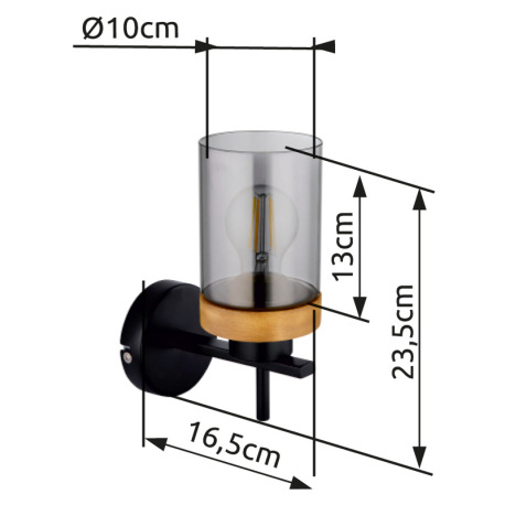 Nástenné svietidlo, kov čierny, drevo, dymové sklo, svieti smerom hore, ŠxV:100x235mm, H: 165mm, bez 12
