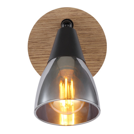 Nástenné svietidlo, bodové, kov čierny matný, drevo hnedé, sklo dymové, ø 80 mm, V:130mm, H: 160mm, 4