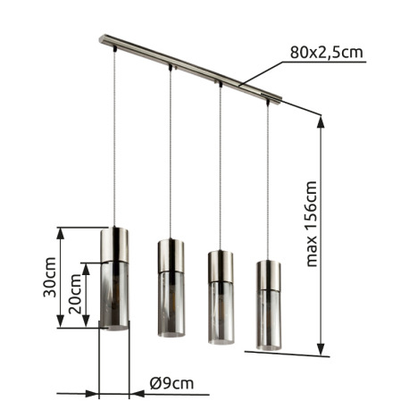 Závesné svietidlo, kov nikel matný, sklo dymové, čiernobiely textilný kábel, DxŠxV:800x90x1560, bez 9