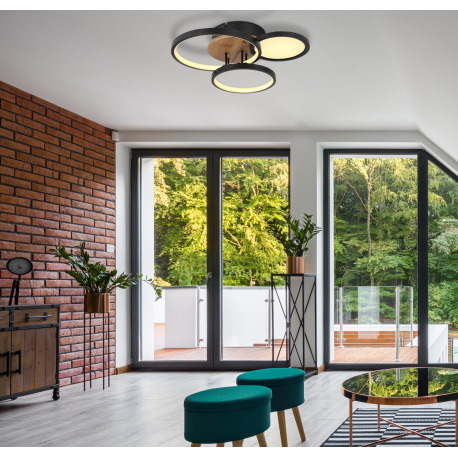 Stropné svietidlo, kov čierny, MDF vzhľad dreva, plast biely, DxŠxV:400x380x105mm, vrátane LED 30W 2 1