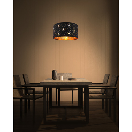 Závesné svietidlo, kov čierny matný, textil čierny, akryl, krištále priehľadné, tienidlo z vnútra zl 5