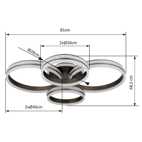 Stropné svietidlo, kov a hliník titánová farba, plastové krištále, akryl biely, stmievateľné, niekoľ 16