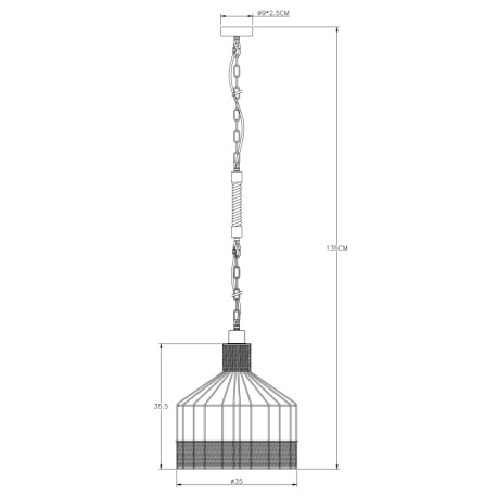 Závesné svietidlo, kov čierny matný, konopné lano hnedé, čierna reťaz, Ø 350, V: 1350, bez žiarovky 16