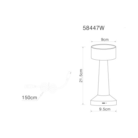 Nabíjateľná stolová lampa, plast biely, dotykové zapnutie/vypnutie, plynulé dotykové stmievanie, aku 9