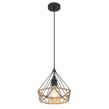 Závesné svietidlo, kov čierny matný, konopné lano, Ø:250, V:1500, bez žiarovky 1xE27, max. 40W 230V