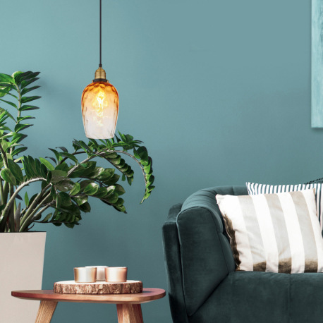 Závesné svietidlo, kov čierny, sklo jantárové, priehľadné, kov mosadzný matný, kábel PVC čierny, mož 7