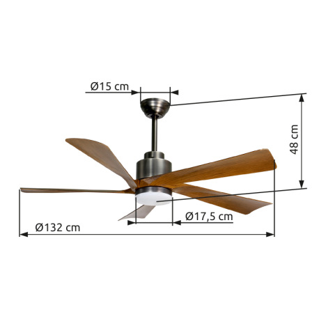 Stropný ventilátor, kov tmavosivý/svetlosivý, plast biely/imitácia dreva, stmievateľný, niekoľko úro 14