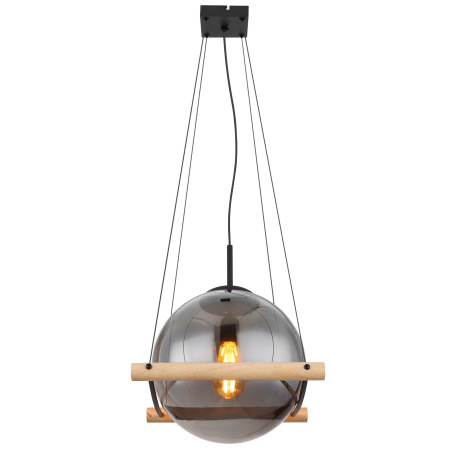 Závesné svietidlo kov čierny matný, drevo prírodnej farby, sklo dymovej farby, kábel PVC čierny, výš 3