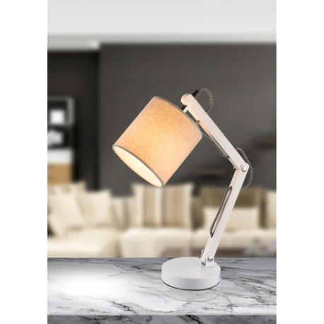 Stolové svietidlo, biely kov, svetlé drevo, béžová textília, kábel 1,5m, vypínač, ŠxV: 318x355, bez 1
