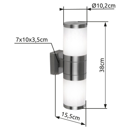 Vonkajšie svietidlo, nerezová oceľ, plast biely, IP44, DxŠxV: 102x155x380, H: 155, bez žiaroviek 2xE 2