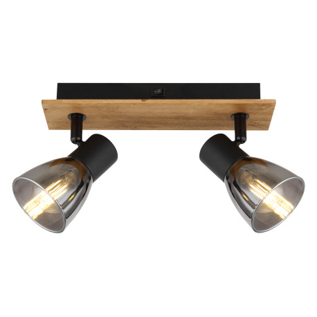 Nástenné svietidlo, drevo hnedé, kov čierny, dymové sklo, s vypínačom, DxŠxV:250x70x155mm, bez žiaro 4