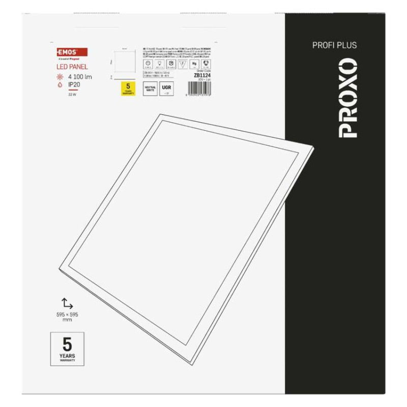 LED panel PROXO 60×60, štvorcový vstavaný biely, 33W neutrálna b. UGR 9