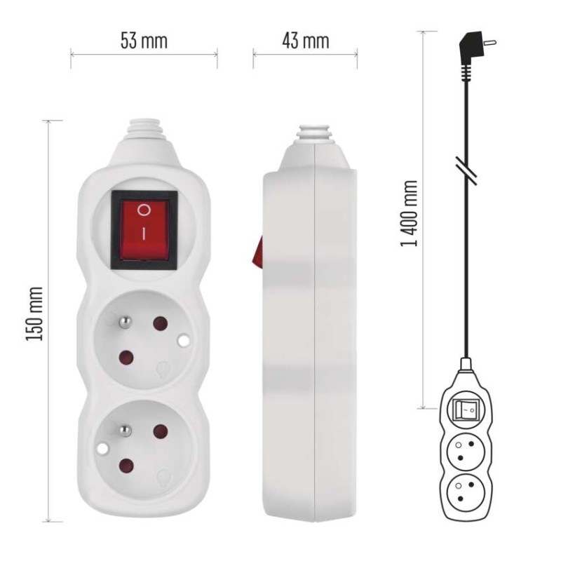 Predlžovací kábel 1,4 m / 2 zásuvky / s vypínačom / biely / PVC / 1 mm2 7