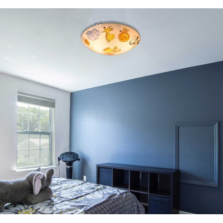 Stropné svietidlo, biela, viacfarebné sklo s detským vzorom, Ø 300, V: 65, bez žiaroviek 2xE27, max. 9