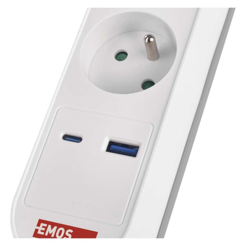 Predlžovací kábel 2 m / 3 zásuvky / s vypínačom / biely / 1×USB-A + 1×USB-C / 1,5 mm2 5