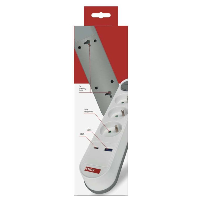 Predlžovací kábel 2 m / 3 zásuvky / s vypínačom / biely / 1×USB-A + 1×USB-C / 1,5 mm2 12