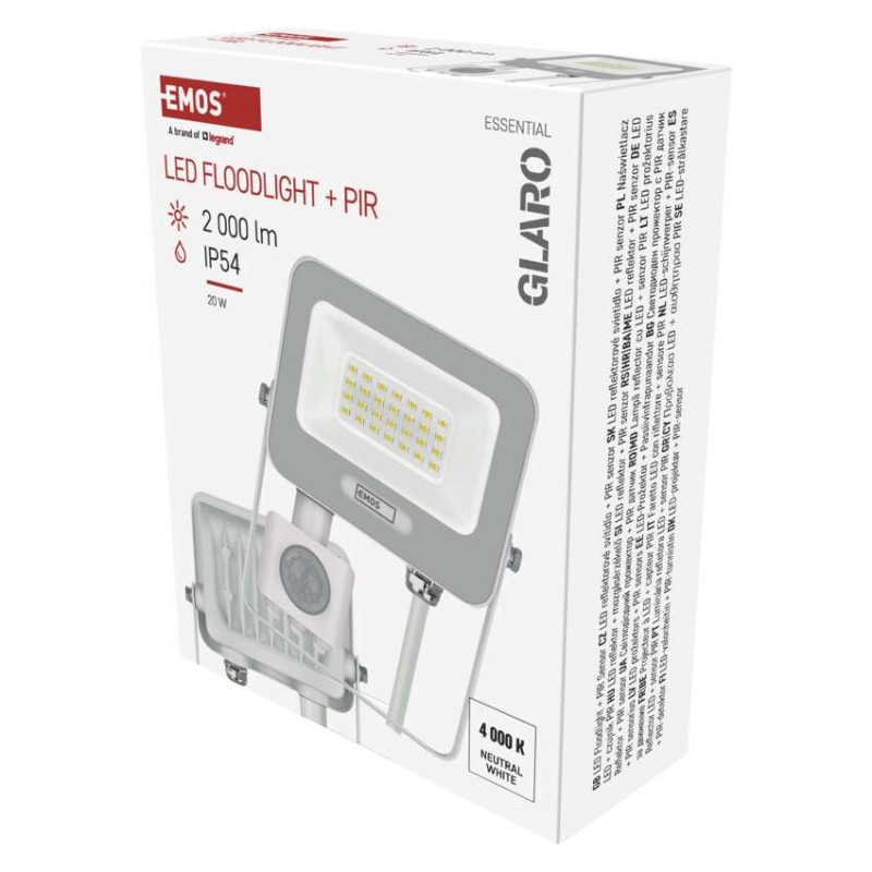 LED reflektor GLARO s pohybovým čidlom, 20 W, biely, IP54, 2000 lm, neutrálna biela