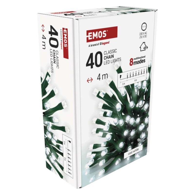 LED vianočná reťaz, 4 m, vonkajšia aj vnútorná, studená biela, programy, časovač 14