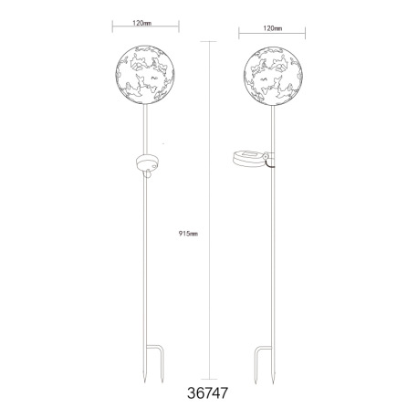 Solárne svietidlo, kov imitácia hrdze, vypínač, batéria AAA 300mAh 1,2V, IP44, glóbus s javorovými l 5