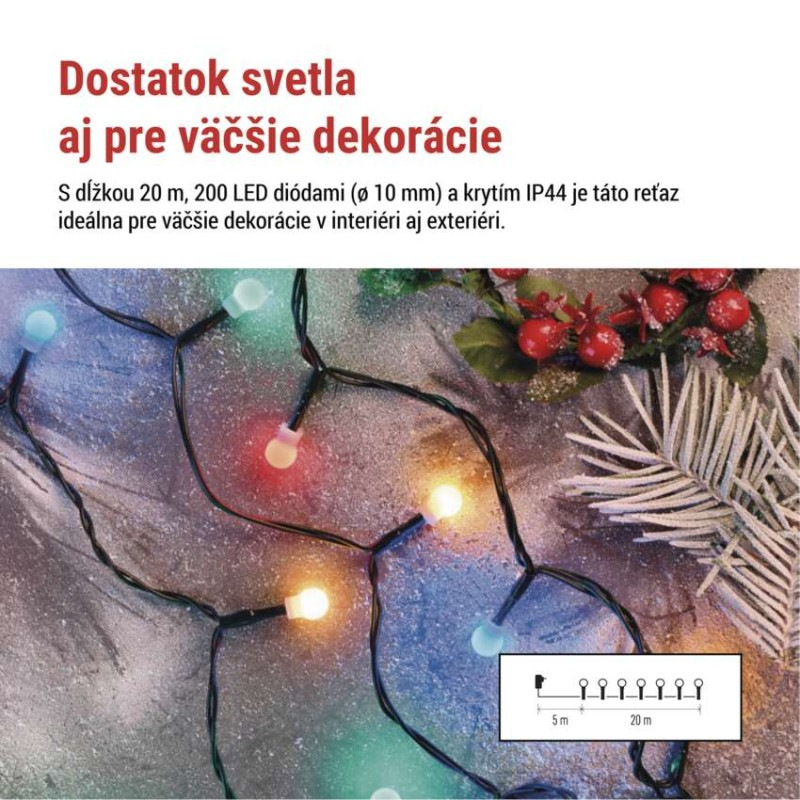 LED vianočná cherry reťaz – guličky, 20 m, vonk. aj vnútor., multicolor, programy, časovač 1